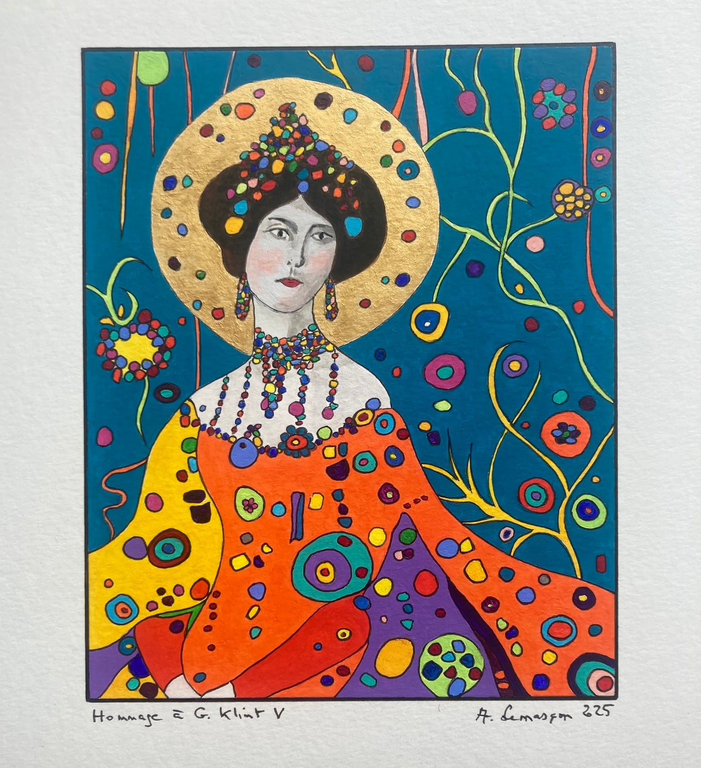 Hommage à G. Klimt V (Format Peinture 15x15cm, encadré 33x33cm, bois noir)