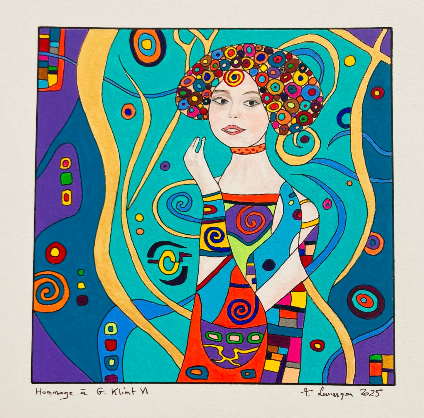 Hommage à G.Klimt VI (Format Peinture 15x15cm, encadré 33x33cm, bois noir)