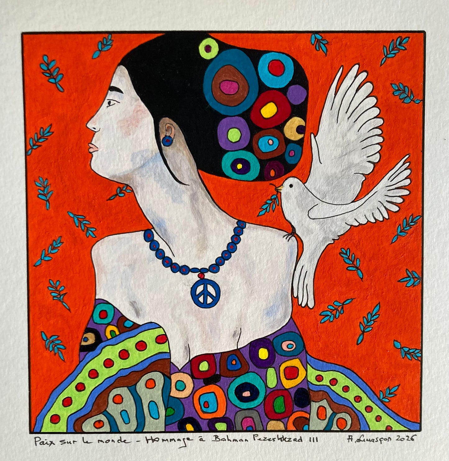 Paix sur le Monde- Hommage à B.Pezeshkzad III- (Format encadré bois noir 33x33cm; peinture 15x15cm)