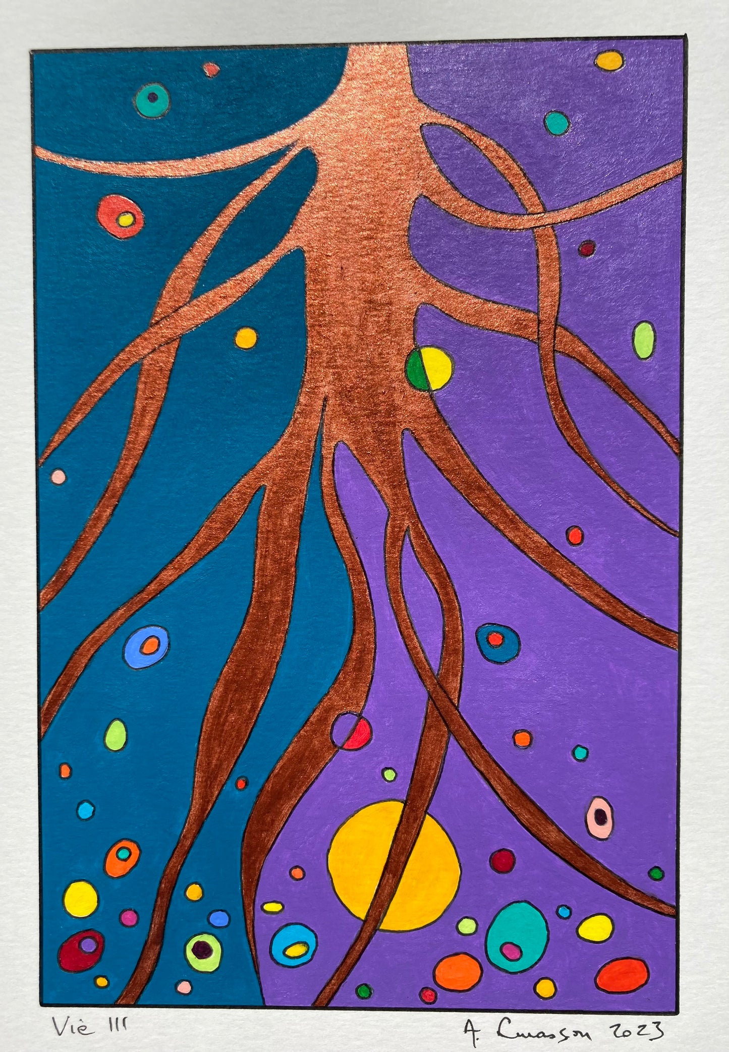 Tryptique Vie- (Format encadré 41x31cm, format peinture 18x12 (I et III); 22x13cm (II)).