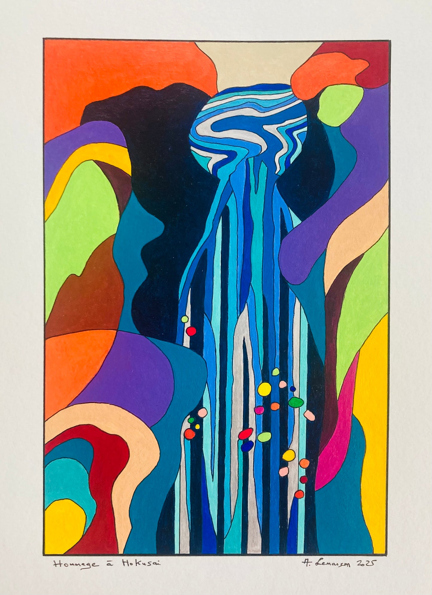 Hommage à Hokusaï - 24x16cm (format peinture) -40x30cm (format encadré bois noir)