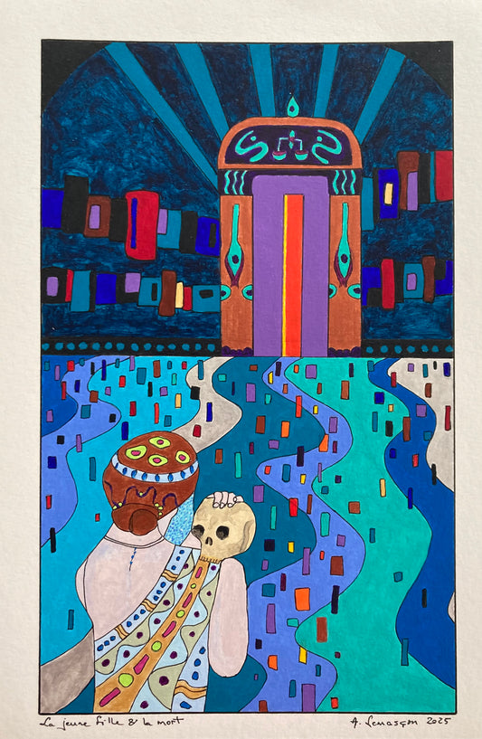La jeune fille et la mort - 24x16cm (format peinture) -40x30cm (format encadré bois noir)