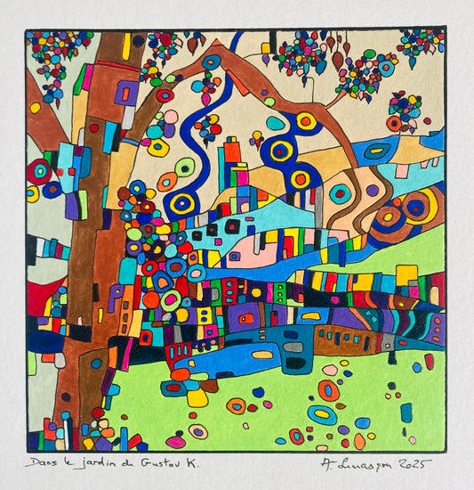 Dans le jardin de G.Klimt (Format Peinture 15x15cm; encadré 33x33cm, bois noir)