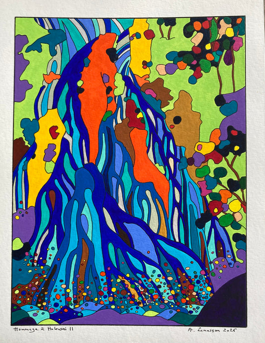 Hommage à Hokusai II- (Format encadré bois noir 40x30cm, peinture 24x16cm).