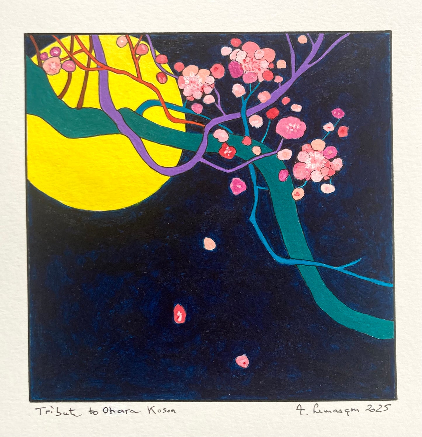 Hommage à Ohara Koson (Format Peinture 15x15cm, encadré 33x33cm, bois noir)