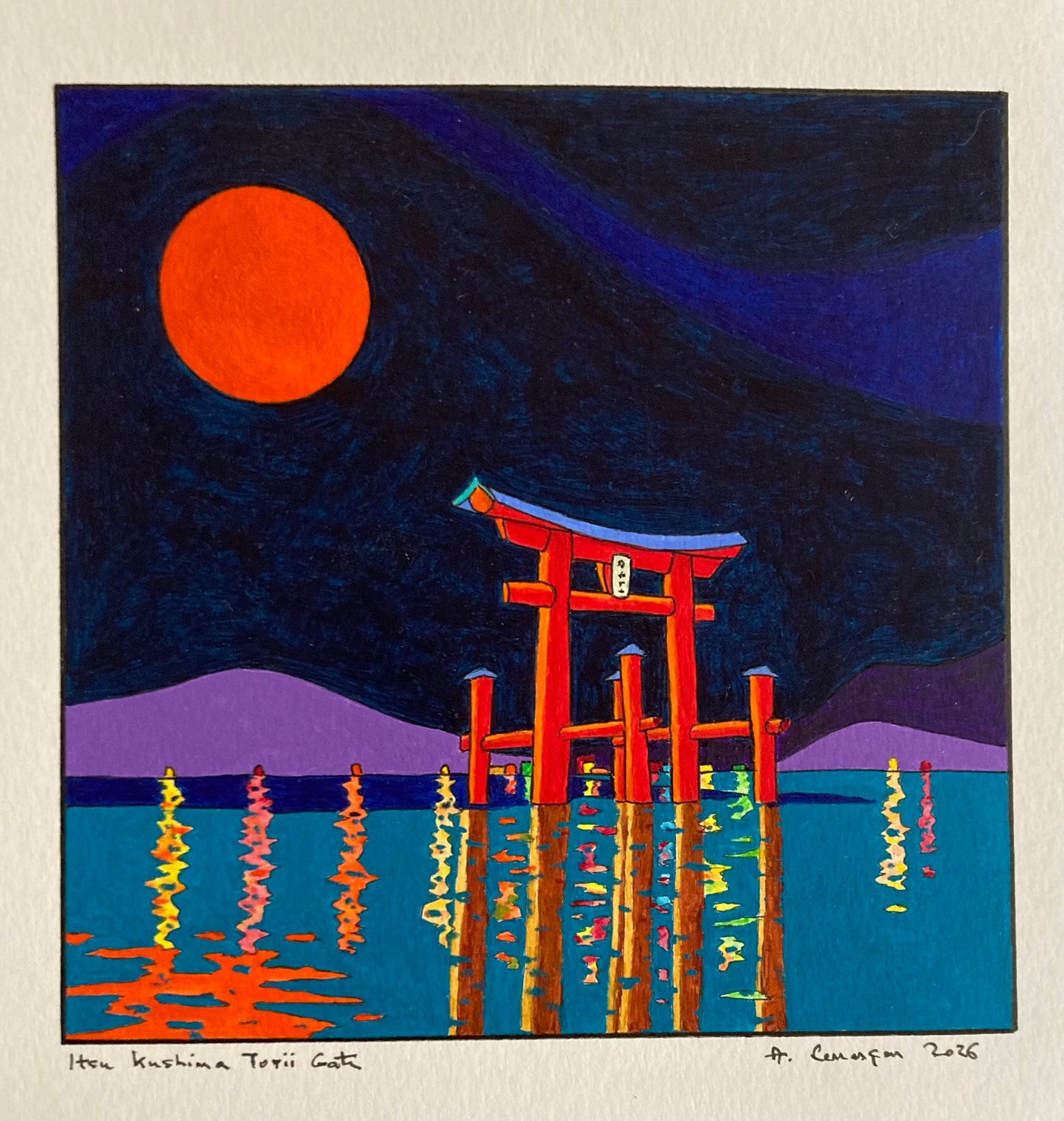 Itsukushima Torii Gate- (Format encadré Bois noir 33x33cm, peinture 15x15cm).