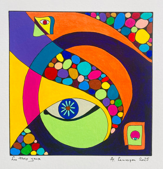 Les trois yeux- (Format encadré bois noir 33x33cm, peinture 15X15cm).