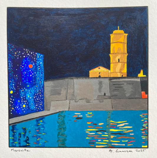 Marseille- (Format encadré Bois noir 33x33cm, format peinture 15x15cm)