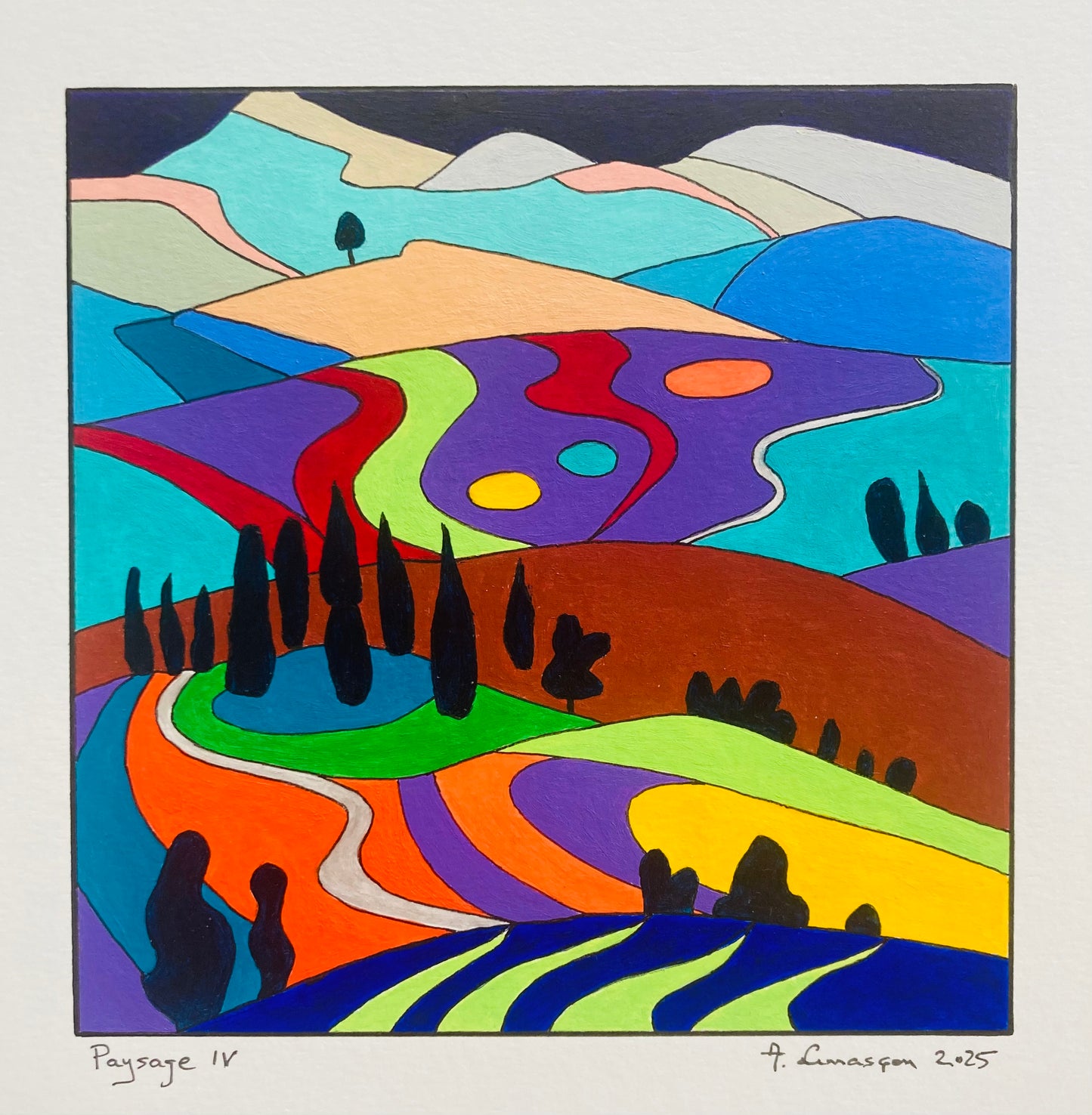 Paysages III et IV. (Format Peinture 15x15cm, encadré 33x33cm, bois noir)