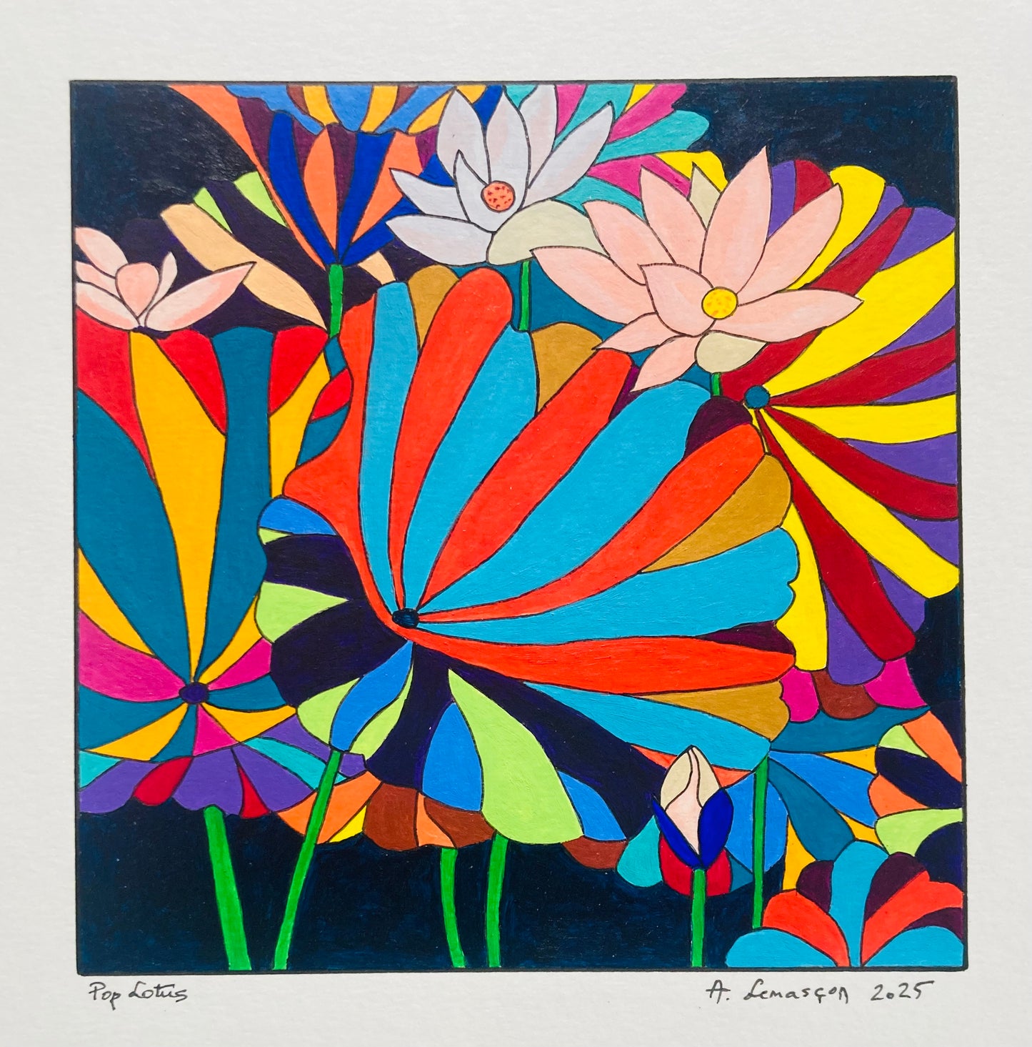 Pop Lotus (Format Peinture 15x15cm, encadré 33x33cm, bois noir)