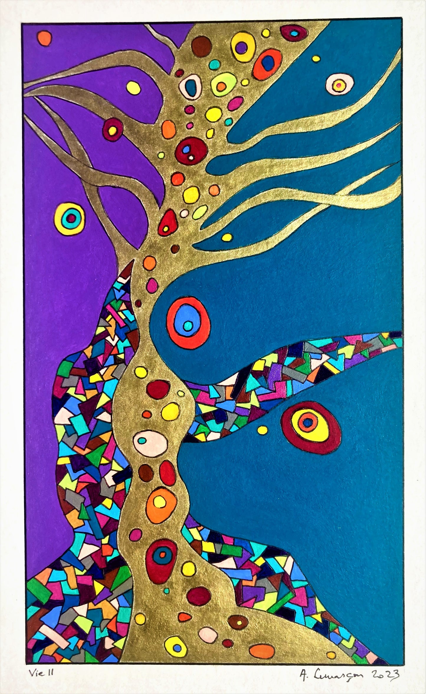 Tryptique Vie- (Format encadré 41x31cm, format peinture 18x12 (I et III); 22x13cm (II)).